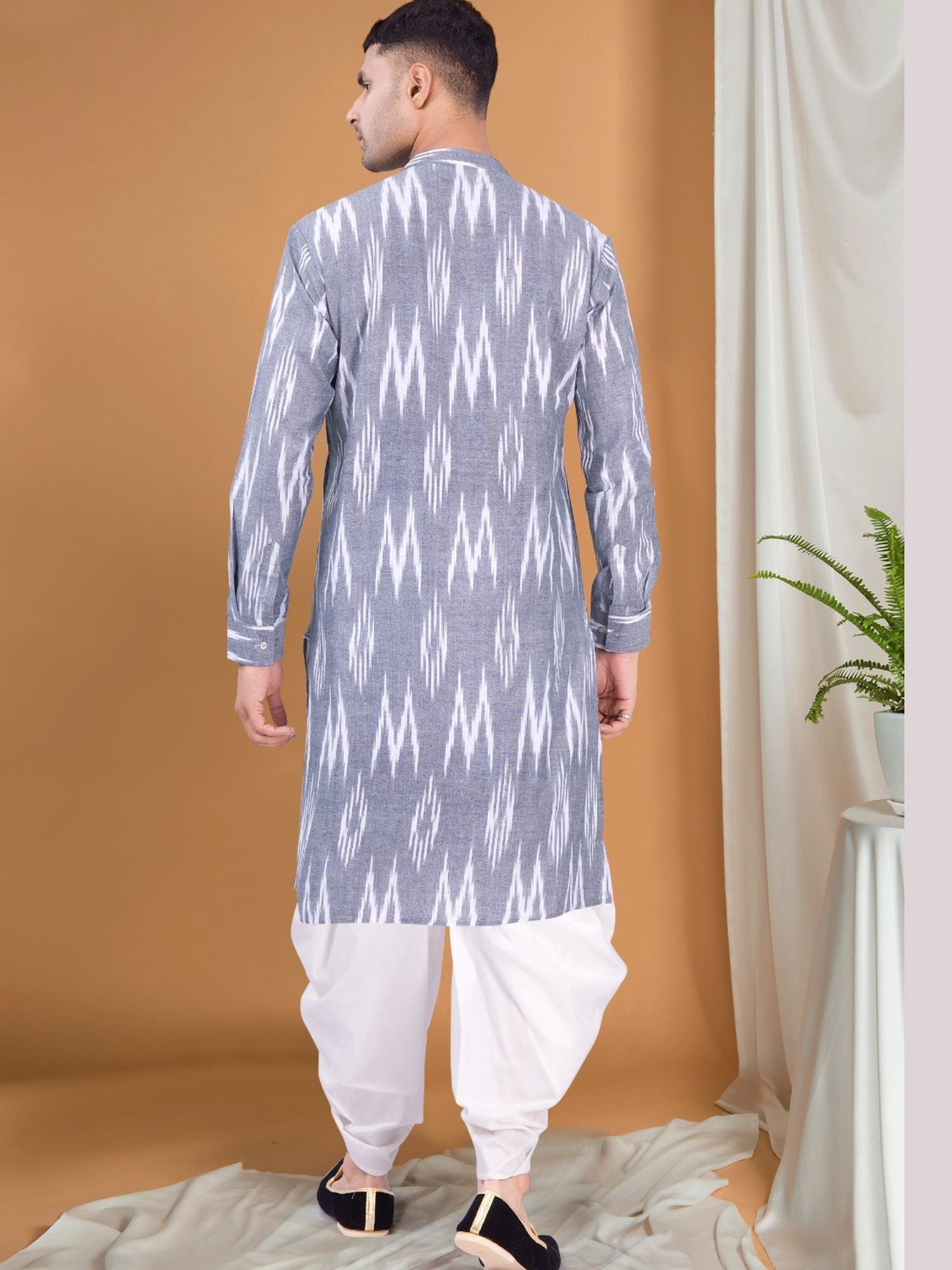 Metal Grey Ikat Print Kurta Peshawari Set