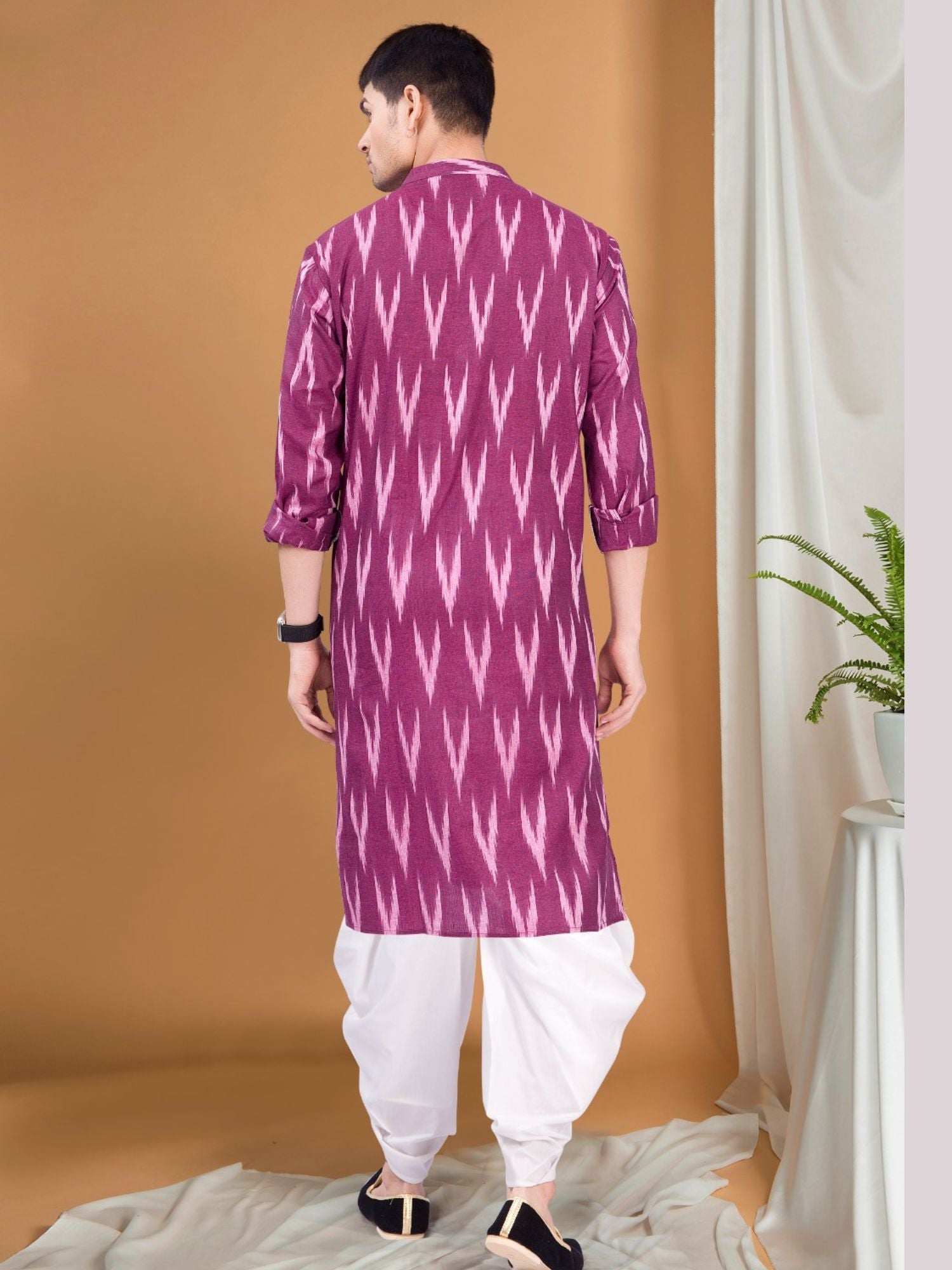 Rich Maroon Ikat Print Kurta Peshawari  Set