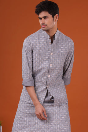 Metal Grey Lotus Gold Printed Cotton Kurta Jacket Set