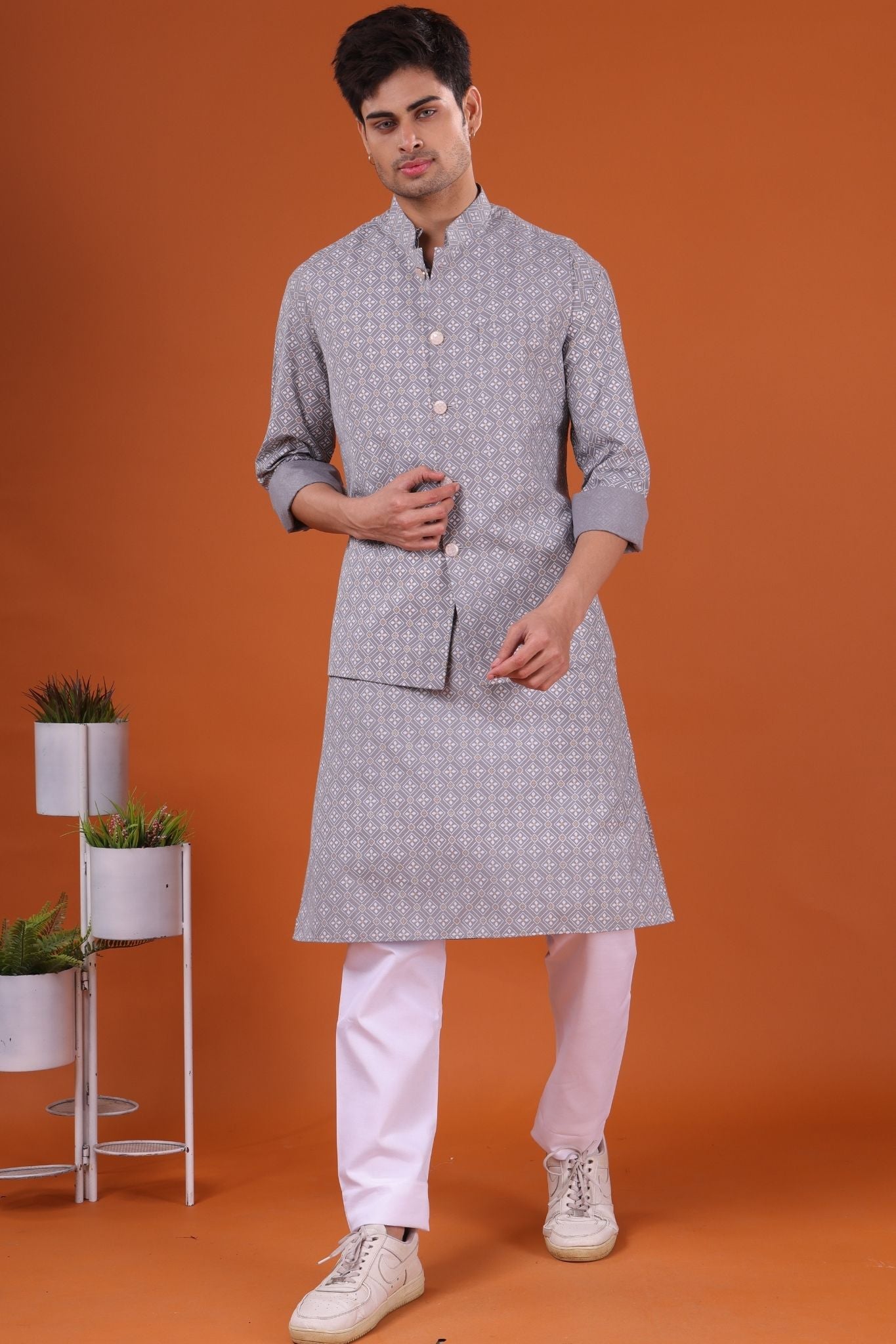 Metal Grey Lotus Gold Printed Cotton Kurta Jacket Set