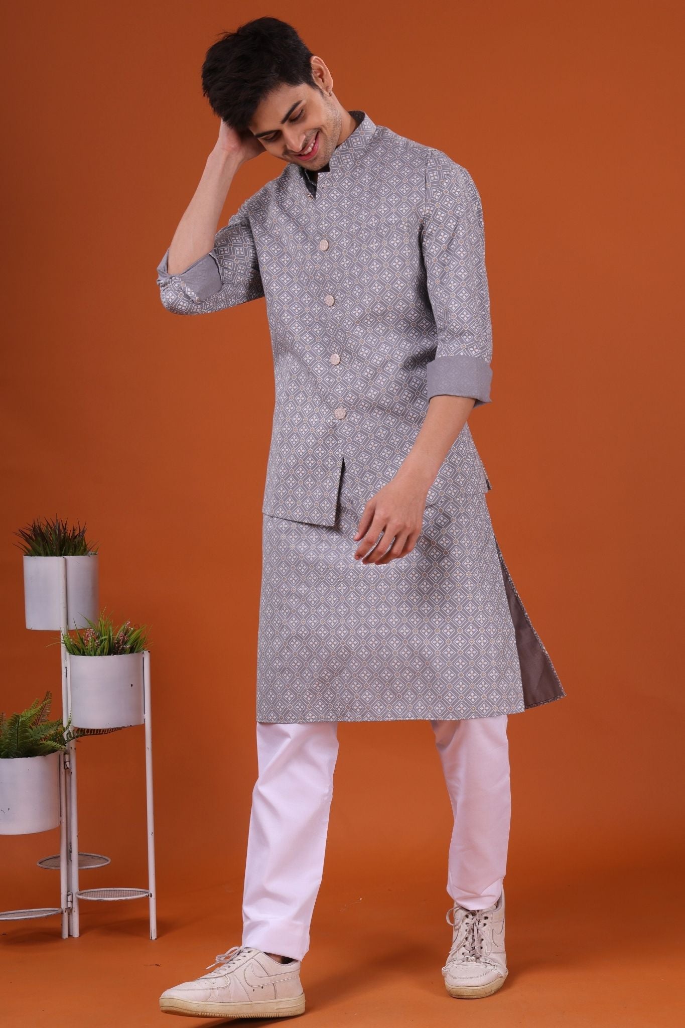 Metal Grey Lotus Gold Printed Cotton Kurta Jacket Set