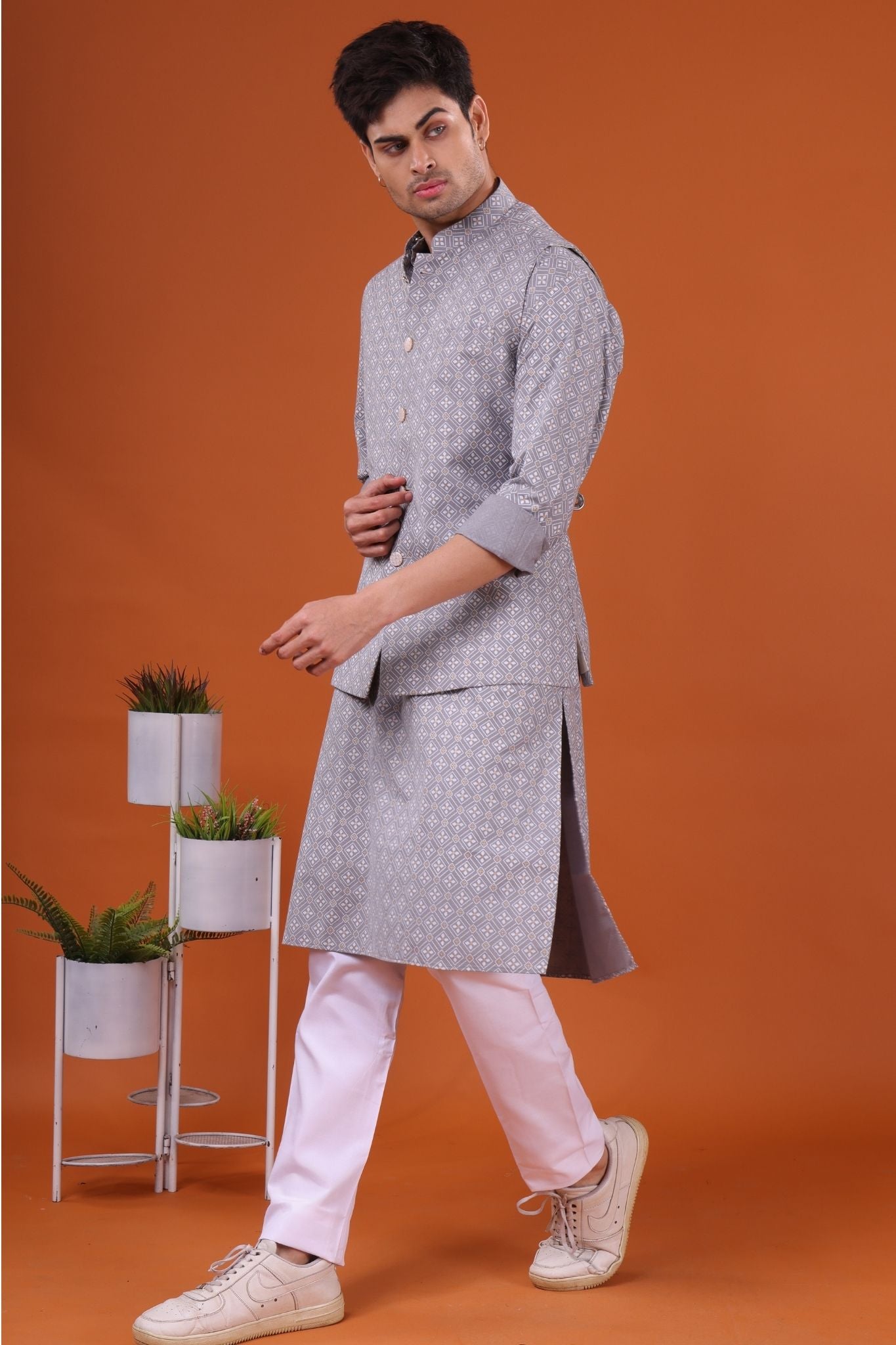 Metal Grey Lotus Gold Printed Cotton Kurta Jacket Set