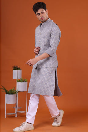 Metal Grey Lotus Gold Printed Cotton Kurta Jacket Set