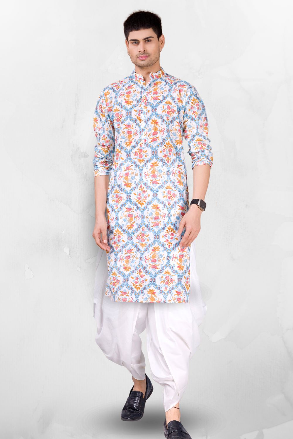 Iris Blue Paisley Design Cotton Kurta Peshawari Set