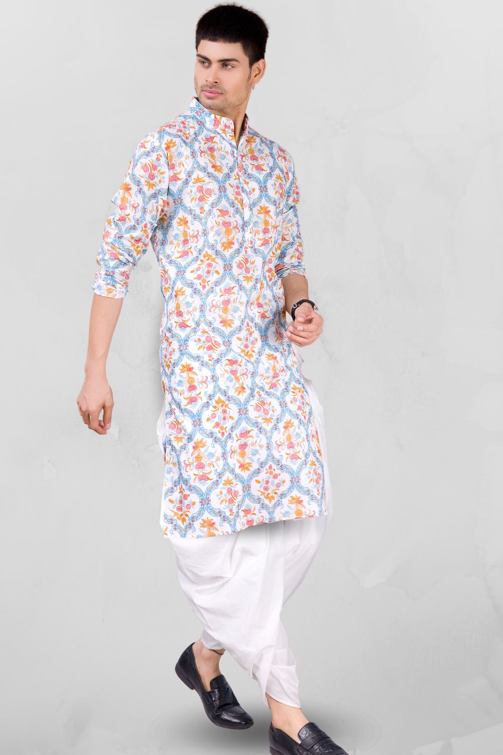 Iris Blue Paisley Design Cotton Kurta Peshawari Set