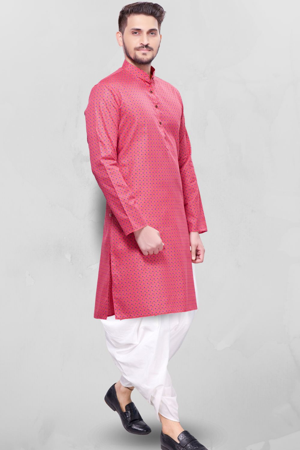 Persian Pink Dot Printed  Cotton Kurta Peshawari Set