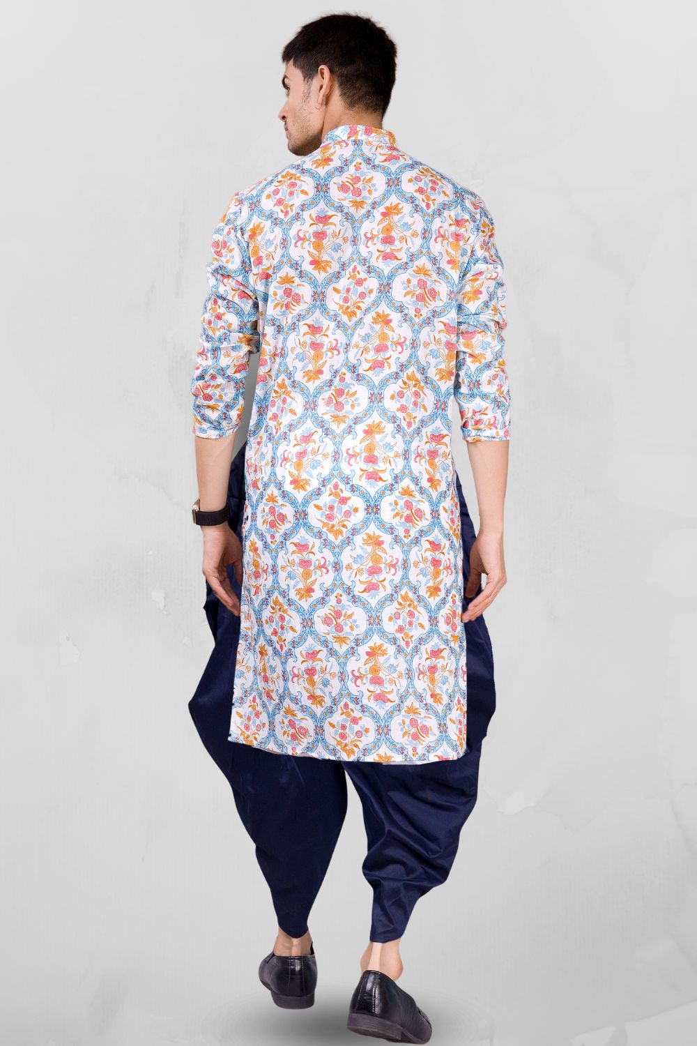 Iris Blue Paisley Design Cotton Kurta Peshawari Set